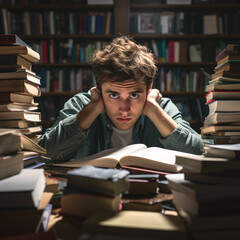 Male student studying for exams in a college library surrounded by stacks of text books