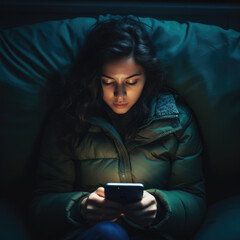 Teenage girl in the dark looking at her smart phone