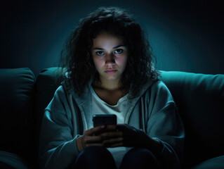 Teenage girl in the dark looking at the camera and holding her smart phone