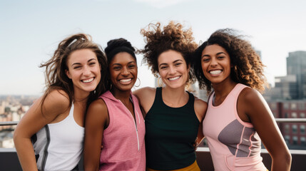 Happy group of diverse women embrace and smile during morning exercise