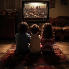 Three young children sit in front of an old TV in a family room