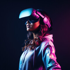 Woman wearing a virtual reality headset interacting with technology