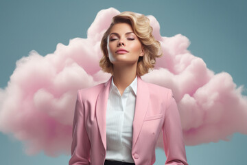Business woman in a pink suit daydreaming in fluffy clouds