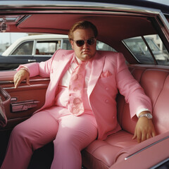 Serious looking man wearing a pink suit and tie in the backseat of a car