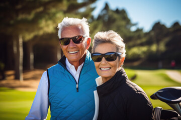 Retirement age, senior couple man and women on the golf course smiling