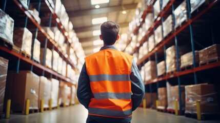 A man in an orange vest standing in a warehouse. - obrazy, fototapety, plakaty