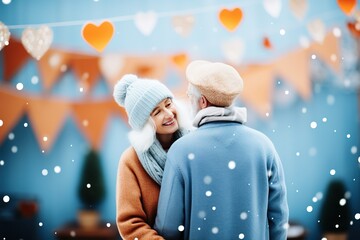 Naklejka premium Elderly romantic couple. Boyfriend and girlfriend having fun on city street at holiday - People and travel concept