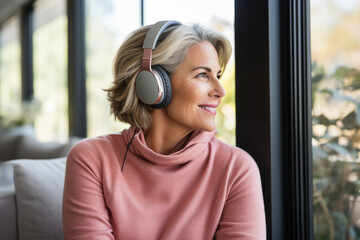 Middle age woman wearing headphones relaxes while listening to audiobooks and music