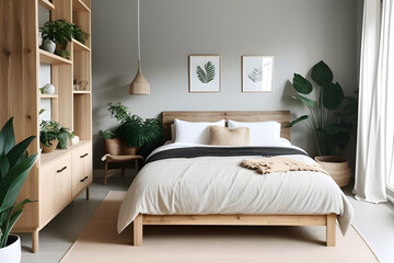 Cozy sustainable bedroom in natural colors with wooden furniture, stylish interior accessories and natural cotton textile indoor plants. Eco friendly home interior. Room with bed