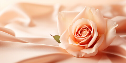 A single rose sitting on top of a white cloth. Monochrome peach fuzz background.