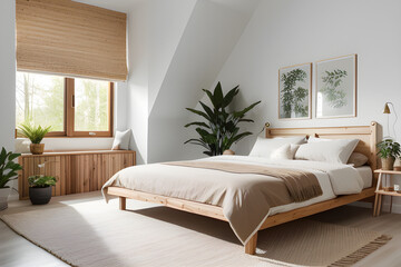 Cozy sustainable bedroom in natural colors with wooden furniture, stylish interior accessories and natural cotton textile indoor plants. Eco friendly home interior. 3d rendering