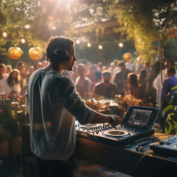 Man wearing headphones plays music for the crowd at a backyard outdoor party
