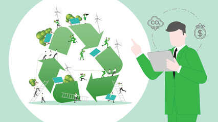 ESG sustainability business policy. Carbon credit calculate from reduce carbon footprint and carbon offset. Profit of Recycle