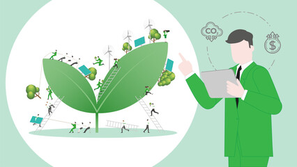ESG sustainability business policy. Carbon credit calculate from reduce carbon footprint and carbon offset. Profit of Plant seeding