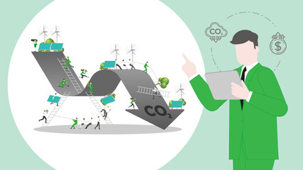 ESG sustainability business policy. Carbon credit calculate from reduce carbon footprint and carbon offset. Profit of CO2 graph