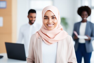 Muslim, business woman and success with face, executive and happy with career, vision with Islamic company. Professional portrait, employee in hijab and leader with corporate motivation and mindset