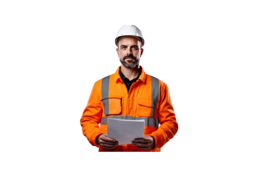 Construction engineer standing holding contract documents, inspecting development