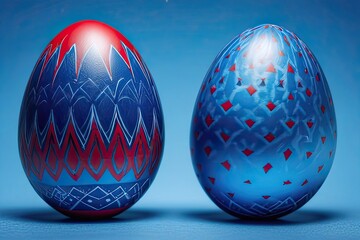 Colorful painted Easter eggs on blue background