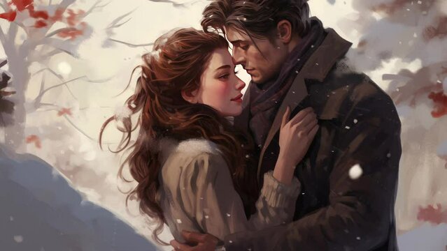 Winter, snow, love, man and woman portrait of a couple in love in winter - Seamless loop animation, created using AI Generative Technology