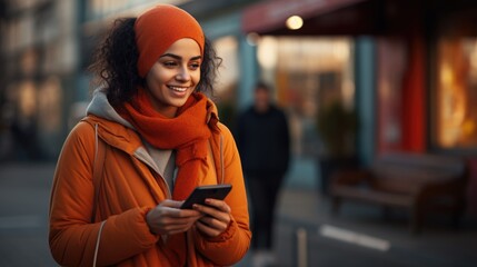 A woman in an orange jacket looking at her cell phone.