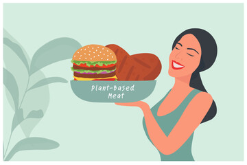 Woman holding plant based beyond meat hamburger vector illustration. Vegan and healthy lifestyle vegetarian  concept 