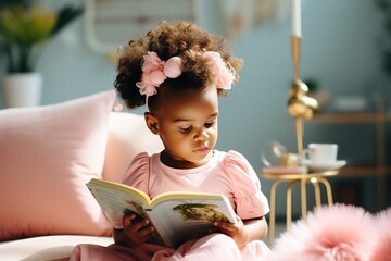 A portrait of cute African-American girl reading book while sitting in cozy interior.
