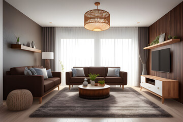 Modern home interior with wooden furniture on brown background in boho decoration, 3d render.