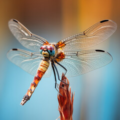 Close-up of a dragonfly on a reed, with its wings in sharp focus. The style is macro photography.