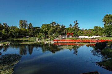 Puente sobre un lago rodeado de naturaleza en el Jardín Japonés en Buenos Aires en Argentina