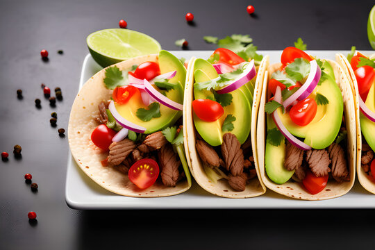 Mexico's unusual feast: Taco PNG images of beef, tomatoes, avocados, chilli and onions separated on a transparent or white background generative ai