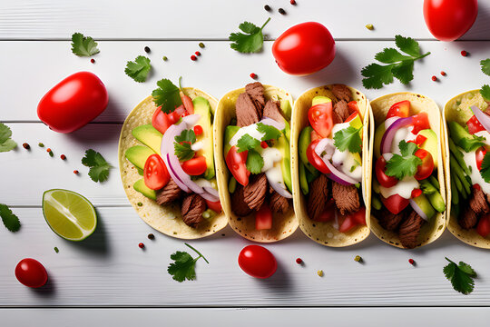 Mexico's unusual feast: Taco PNG images of beef, tomatoes, avocados, chilli and onions separated on a transparent or white background generative ai