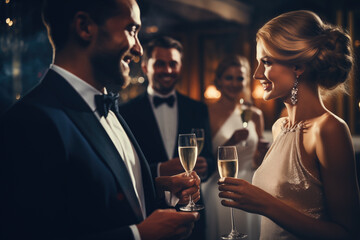 Man and woman at an elegant cocktail party hold champagne glasses and smile - Powered by Adobe