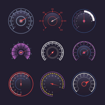 Set of Sport Car Speedometer Collection, Realistic circle Car digital dashboard display full speed, Measurement of car speed and engine revolution bar for game interface. vector illustration