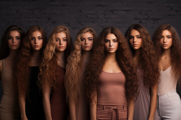 Obraz premium Five girls with long brown hair standing together and looking at the camera. Generation Ai