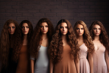 Fototapeta premium Five girls with long brown hair standing together and looking at the camera. Generation Ai