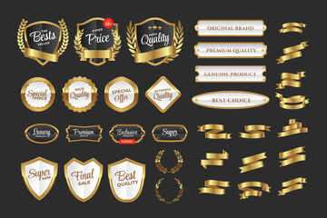 Set of Gold Seal Labels Collection, Golden luxury labels, banner, shield and ribbon,gold premium quality certificate emblems badge, Luxury VIP and premium quality sticker tags and banners best product - obrazy, fototapety, plakaty