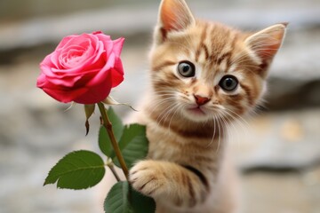 little kitten holding pink rose