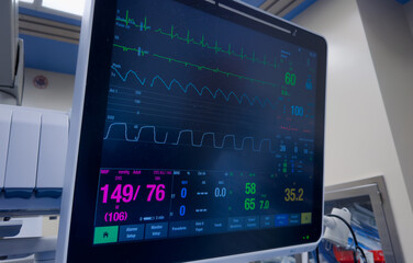 hospital monitor displaying vital signs and hemodynamics, illustrating healthcare and patient...