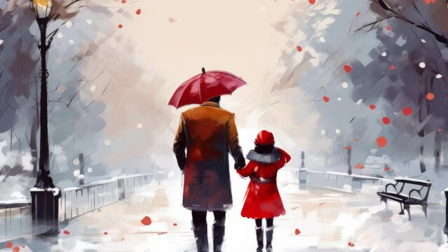 Winter, snow, love, man and woman Father Son Umbrella Park, Wallpaper Pictures, Background Hd - Seamless loop animation, created using AI Generative Technology