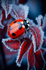 Ladybug on a Frost-Covered Plant Close-Up