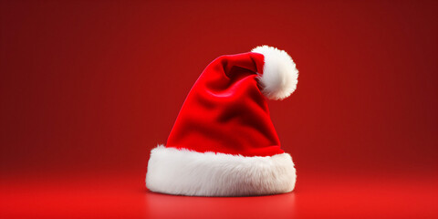 Santa Claus red hat close up on red background. Merry Christmas concept.