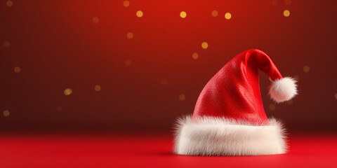 Obraz na płótnie Canvas Santa Claus red hat close up on red background. Merry Christmas concept.