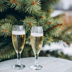 Two glasses of champagne new year eve celebration christmas toast cheering winter season holidays