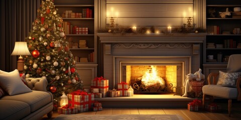 Obraz premium Interior of decorated living room with Christmas tree and comfortable sofa for family comeliness