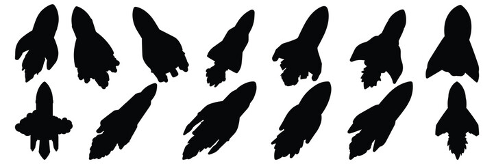 Rocket space silhouettes set, large pack of vector silhouette design, isolated white background