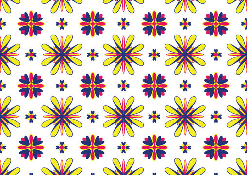 background pattern featuring symmetrical motifs resembling flowers. It showcases a colorful and vibrant design, suitable for use in wrapping paper or as a decorative element