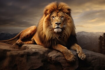Single lion standing proudly on a small hill. Lion of Judah, exuding strength and power. big male lion. Image about animal.