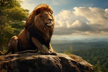 Single lion standing proudly on a small hill. Lion of Judah, exuding strength and power. big male lion. Image about animal. - obrazy, fototapety, plakaty