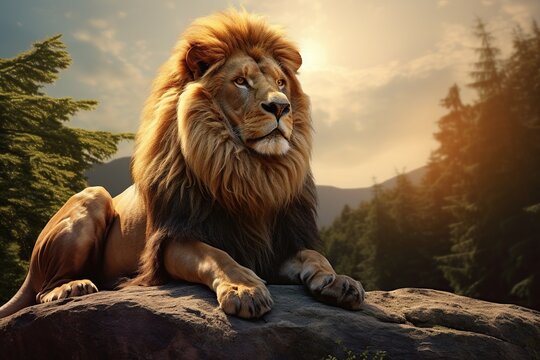 Single lion standing proudly on a small hill. Lion of Judah, exuding strength and power. big male lion. Image about animal.