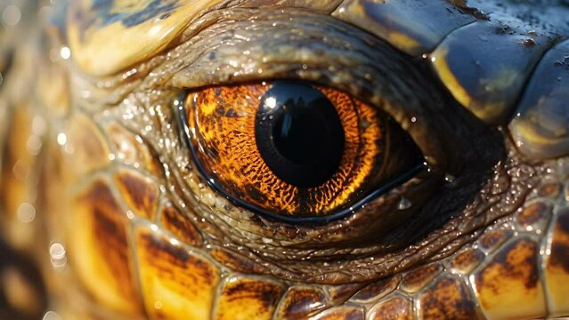 Closeup of a sea turtles eyes, the gentle glow of sunlight reflecting off their iridescent surface, revealing a deep connection to the natural world.